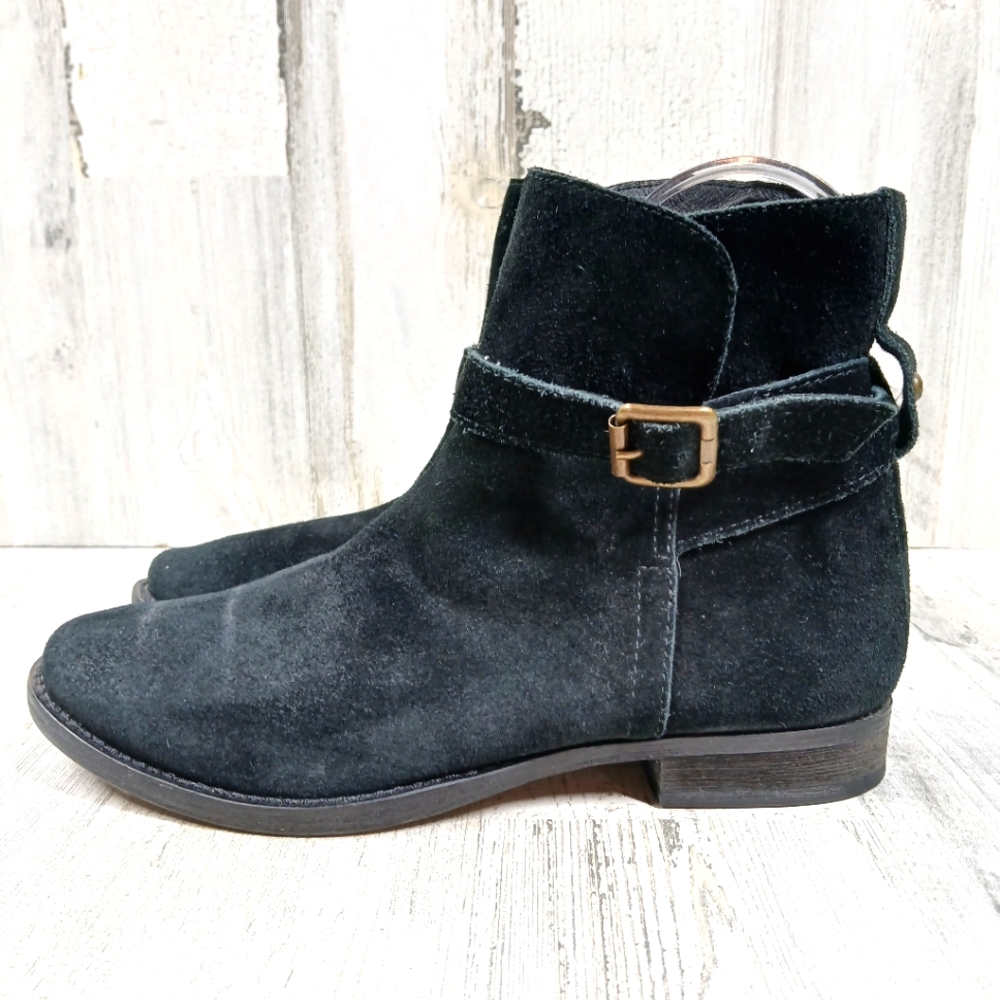 Sam Edelman Malone Black Distressed Suede Buckle Strap Split Shaft Booties #1447